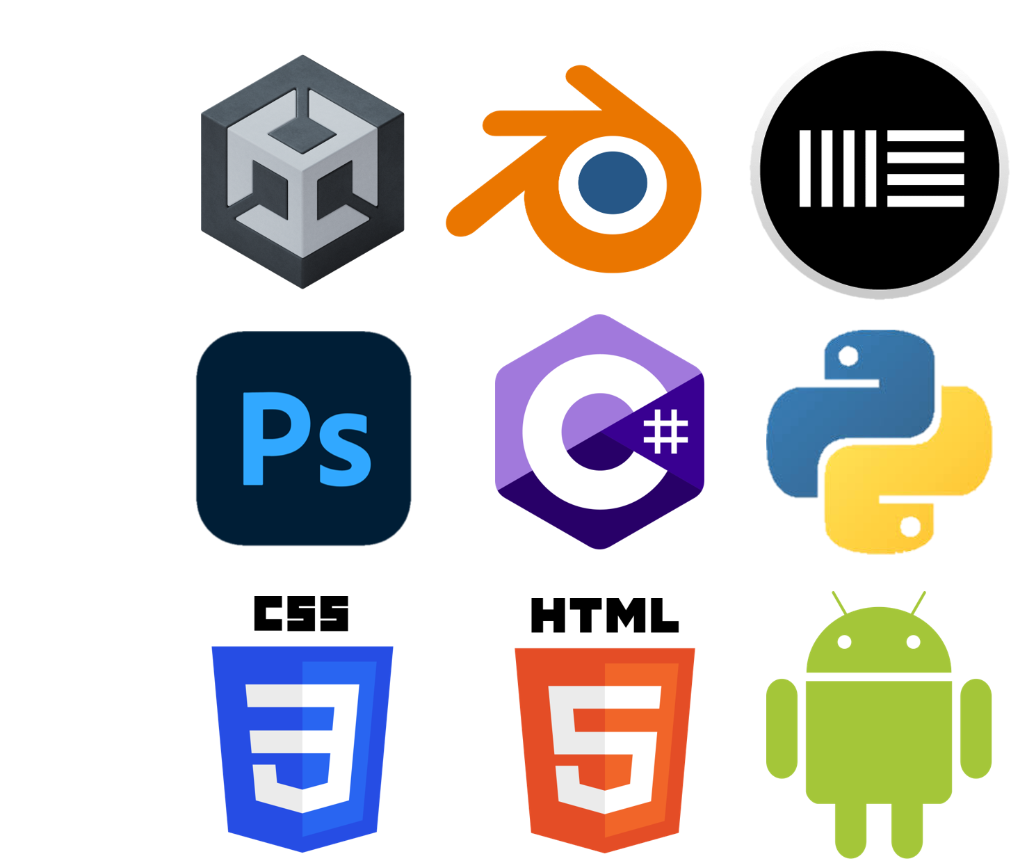 An image of the 9 technologies I master: Unity, Python, Ableton, Blender, Photoshop, HTML, CSS, Android and C#